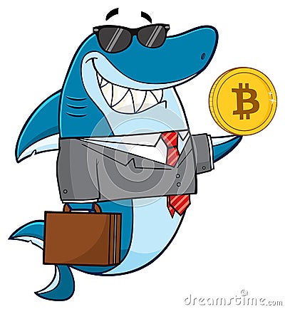 Smiling Business Shark Cartoon Mascot Character In Suit, Carrying A Briefcase And Holding A Golden Bitcoin. Vector Illustration