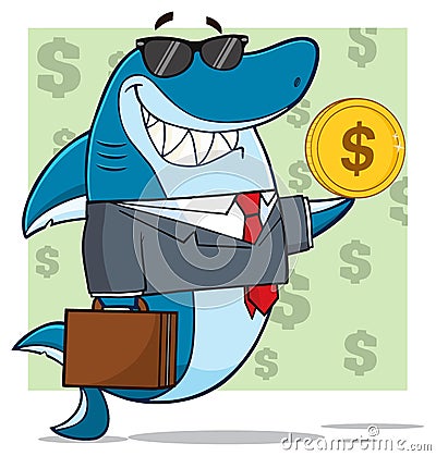 Smiling Business Shark Cartoon Mascot Character In Suit, Carrying A Briefcase And Holding A Golden Dollar Coin. Vector Illustration