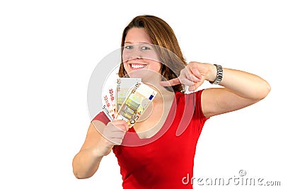 Smiling business woman pointing at euro bills Stock Photo