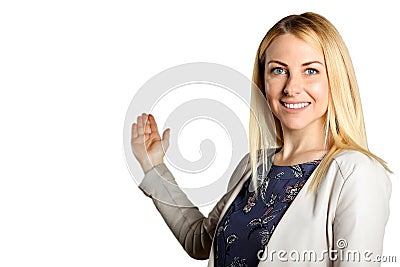 Smiling business woman presenting. Isolated over white background Stock Photo