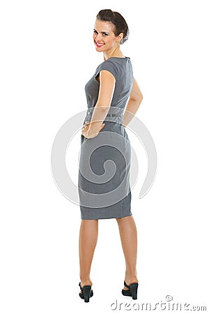 Smiling business woman turn round Stock Photo