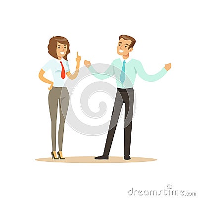 Smiling businessman and businesswoman having meeting in office vector Illustration Vector Illustration