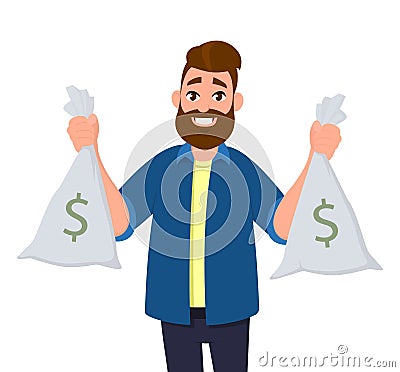 Young man is holding cash bags in hands. Man showing money bags. Business and finance concept illustration in vector cartoon. Vector Illustration