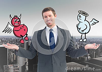 Smiling businessman between good and bad conscience Stock Photo