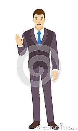 Smiling Businessman greeting someone with his hand raised up. Full length portrait of Businessman in a flat style Vector Illustration