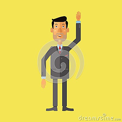 Smiling businessman greeting someone with his hand raised up. Vector Illustration