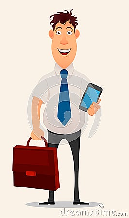 Smiling businessman in office shirt and trousers holding laptop and document case Vector Illustration