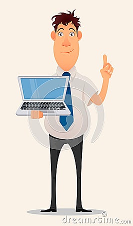 Smiling businessman in office shirt and trousers holding laptop and showing pointing gesture Vector Illustration