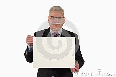 Smiling businessman presenting a picture board Stock Photo