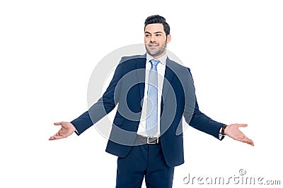 smiling businessman with shrug gesture, Stock Photo