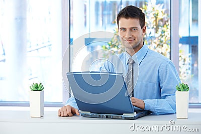 Smiling businessman working on laptop Stock Photo