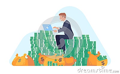 Smiling businessman working on laptop sitting on pile of bags and stacks of money. Banknotes head. Successful Vector Illustration