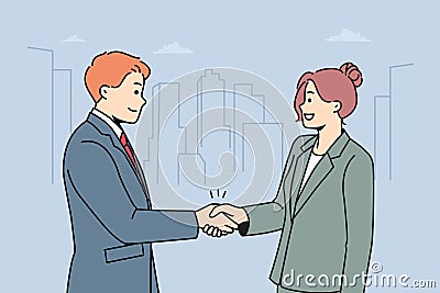 Smiling businesspeople handshake closing deal Vector Illustration