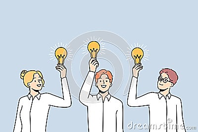 Smiling businesspeople with lightbulbs in hands Vector Illustration