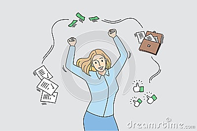 Smiling businesswoman celebrate successful business deal Vector Illustration