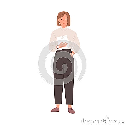 Smiling businesswoman holding tablet PC in hands. Portrait of happy office worker standing in formal clothes. Friendly Vector Illustration