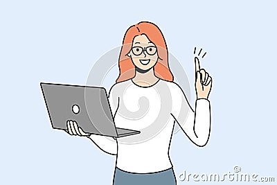 Smiling businesswoman with laptop generate business idea Vector Illustration