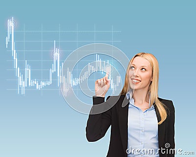 Smiling businesswoman pointing to forex chart Stock Photo