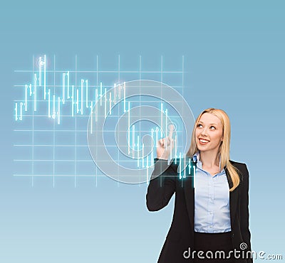 Smiling businesswoman pointing to forex chart Stock Photo