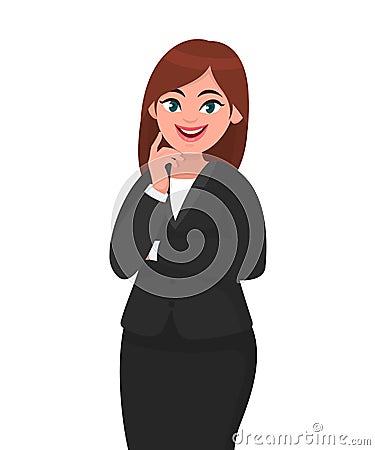 Smiling businesswoman standing, touching finger to cheek with folded or crossed arms in formal black suit. Vector Illustration