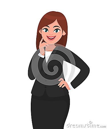 Smiling businesswoman standing, touching finger to cheek with folded or crossed arms in formal black suit. Vector Illustration