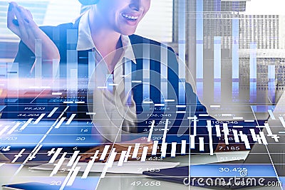 Smiling businesswoman, stock trader analyzing stock data to appl Stock Photo