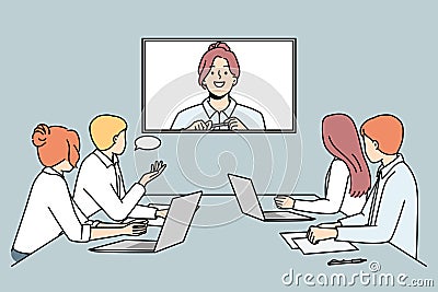 Businesswoman talk on video call with colleagues Vector Illustration