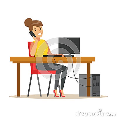 Smiling businesswoman talking on her smartphone while working on her computer, colorful character vector Illustration Vector Illustration