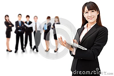 Smiling businesswoman and teamwork Stock Photo