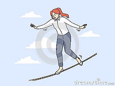 Smiling businesswoman balance on rope in air Vector Illustration