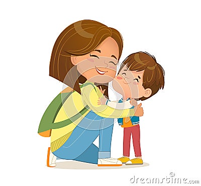 Smiling caring mom hugging little happy son feeling love, tenderness, positive emotion vector Vector Illustration