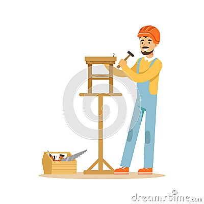 Smiling carpenter building a wooden chair, professional wood jointer character vector Illustration Vector Illustration