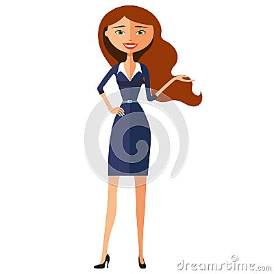 Smiling carroty business girl presents something. Presenting and Vector Illustration