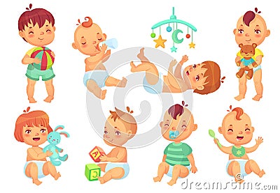 Smiling cartoon baby. Happy cute little kids playing with toys, small infant with pacifier and newborn children isolated Vector Illustration