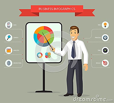 Smiling cartoon businessman giving a presentation Vector Illustration