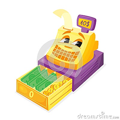 Smiling cartoon cash register with money cartoon Vector Illustration