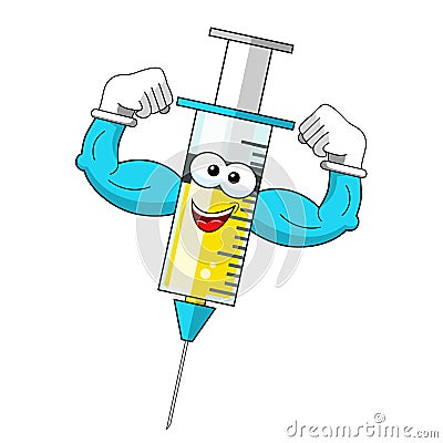 Smiling cartoon character mascot medical syringe vaccine showing biceps strength vector illustration isolated Vector Illustration