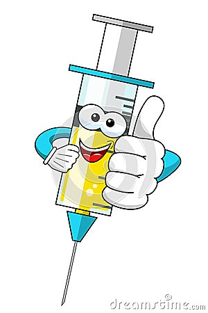 Smiling cartoon character mascot medical syringe vaccine thumb up vector illustration isolated Vector Illustration