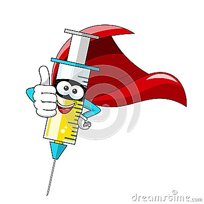 Smiling cartoon character mascot superhero medical syringe vaccine thumb up vector illustration isolated Vector Illustration