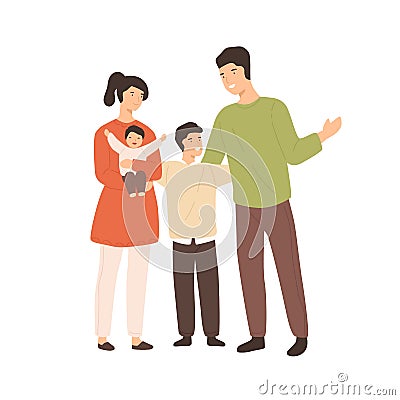 Smiling cartoon family with two cute children isolated on white background. Happy couple enjoying parenthood having Vector Illustration