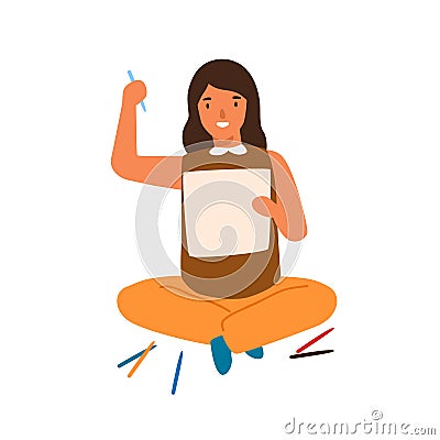 Smiling cartoon girl painting picture on paper vector flat illustration. Happy female kid enjoying hobby creating art Vector Illustration