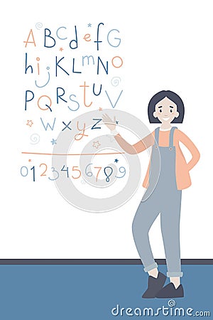 A smiling cartoon girl points to a poster with the English alphabet. Pastel baby colors Stock Photo