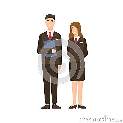 Smiling cartoon man and woman hotel staff isolated on white. Happy friendly people character in uniform vector flat Vector Illustration