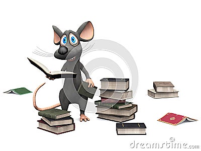 Smiling cartoon mouse holding a book. Stock Photo