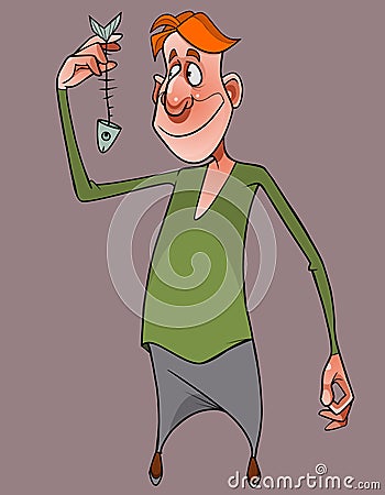 Smiling cartoon red haired man looking at fish skeleton in hand Vector Illustration