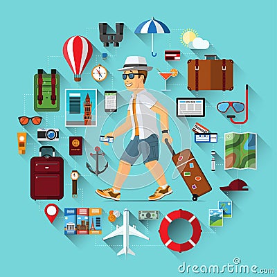 Smiling cartoon tourist with set of travel icons Vector Illustration