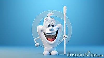 Smiling cartoonish tooth with clean teeth, holding toothbrush, on blue gradient background Stock Photo