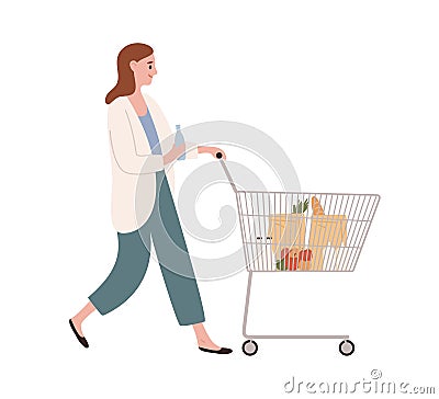 Smiling casual woman walking with shopping cart full of products vector flat illustration. Happy female hold bottle of Vector Illustration