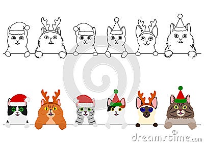 Smiling cats with Christmas costumes border set Vector Illustration