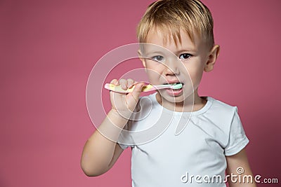Smiling caucasian little boy cleaning his teeth with manual children toothbrush Stock Photo